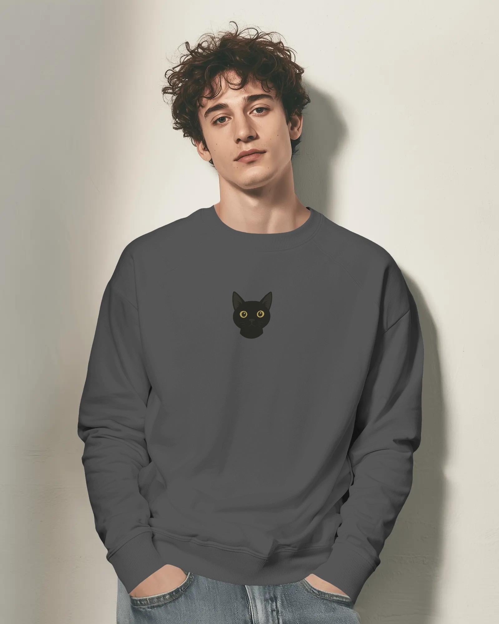 Erkek Siyah Kedi Desenli Sweatshirt – Minimal Göğüs Baskılı, Unisex Rahat Kalıp