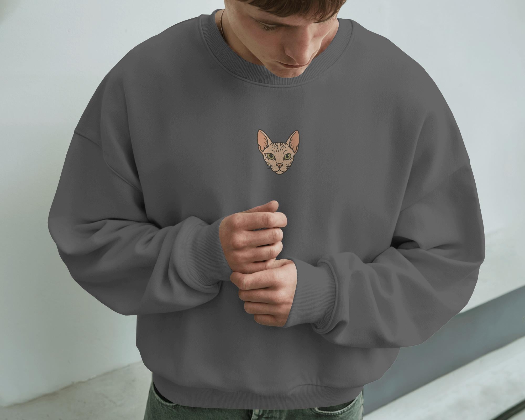 Erkek Sphynx (Tüysüz) Kedisi Desenli Sweatshirt – Minimal Göğüs Baskılı, Unisex Rahat Kalıp