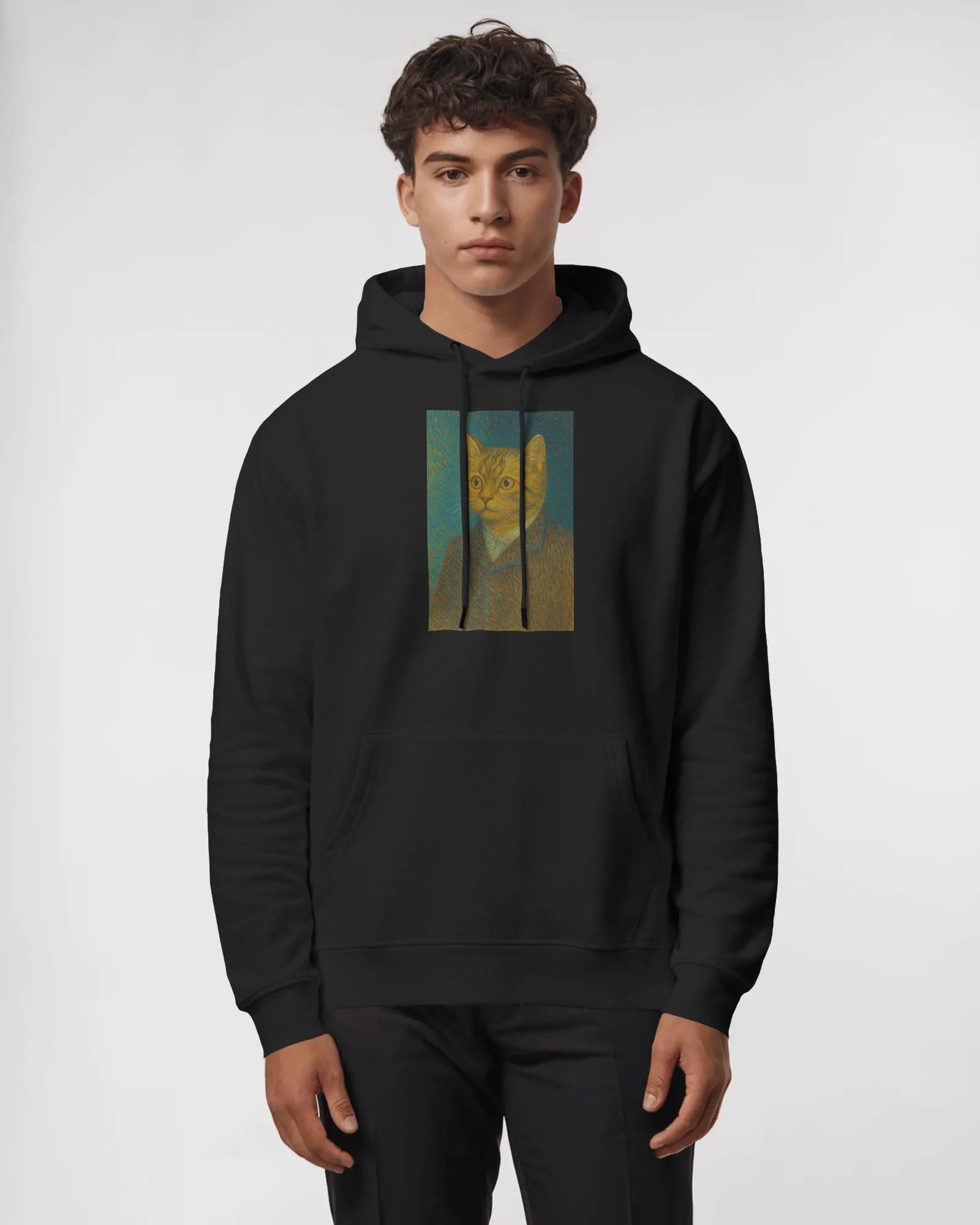 Erkek Van Gogh Kedi Portresi Baskılı Siyah Hoodie – 3 İplik Şardonlu Kapüşonlu Sweatshirt