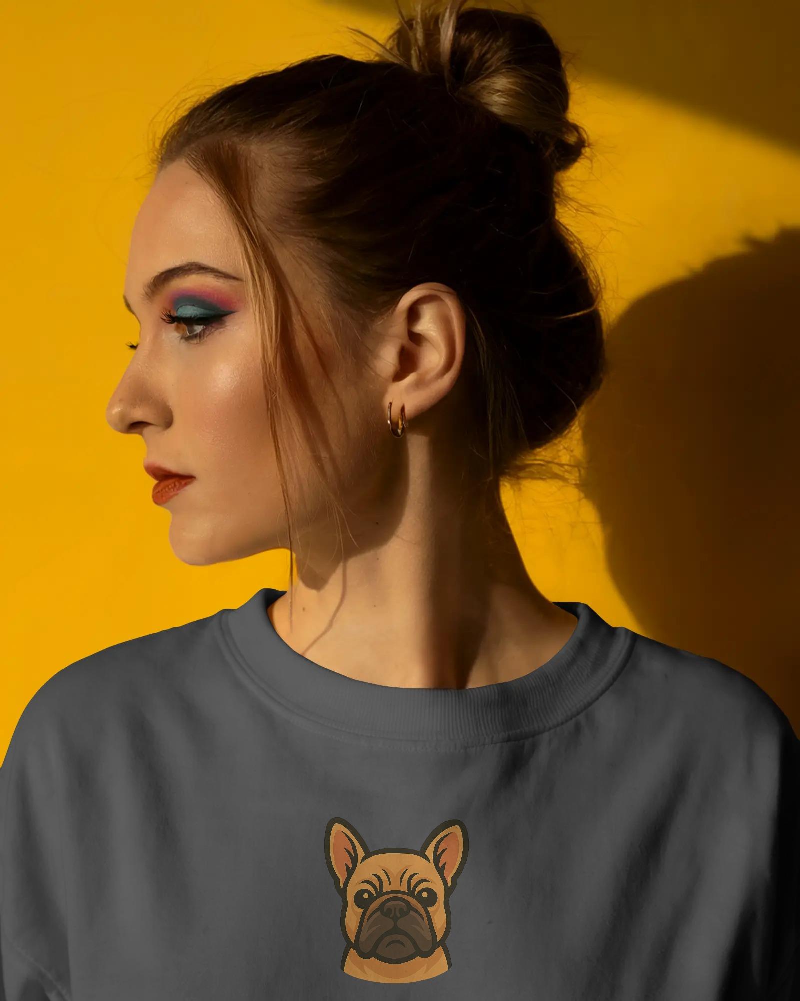 French Bulldog Baskılı Kadın Sweatshirt – Minimal Göğüs Ortası Baskı Antrasit Regular Fit