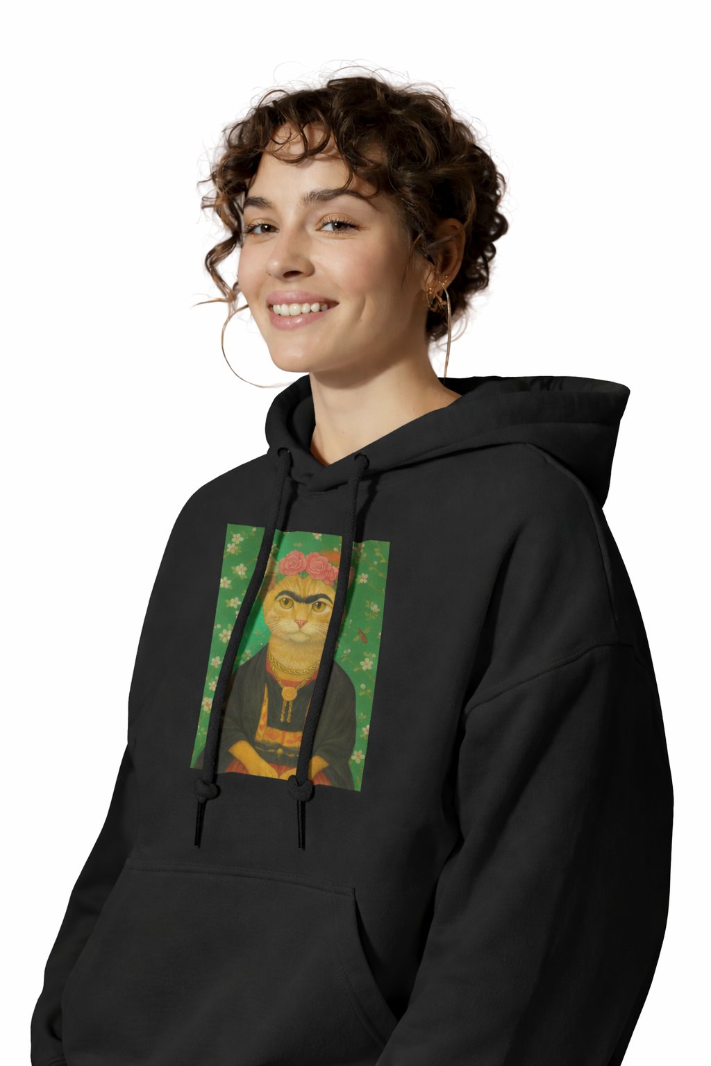 Frida Kahlo Esintili Kedi Baskılı Siyah Hoodie – 3 İplik Şardonlu Unisex Kapüşonlu Sweatshirt