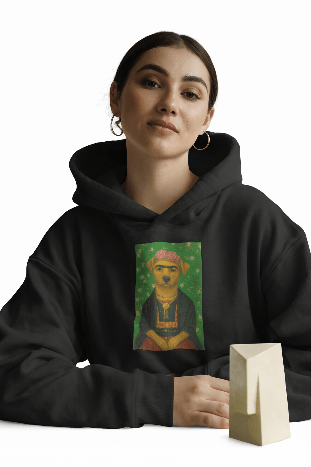 Frida Kahlo Esintili Köpek Baskılı Siyah Hoodie – 3 İplik Şardonlu Unisex Kapüşonlu Sweatshirt
