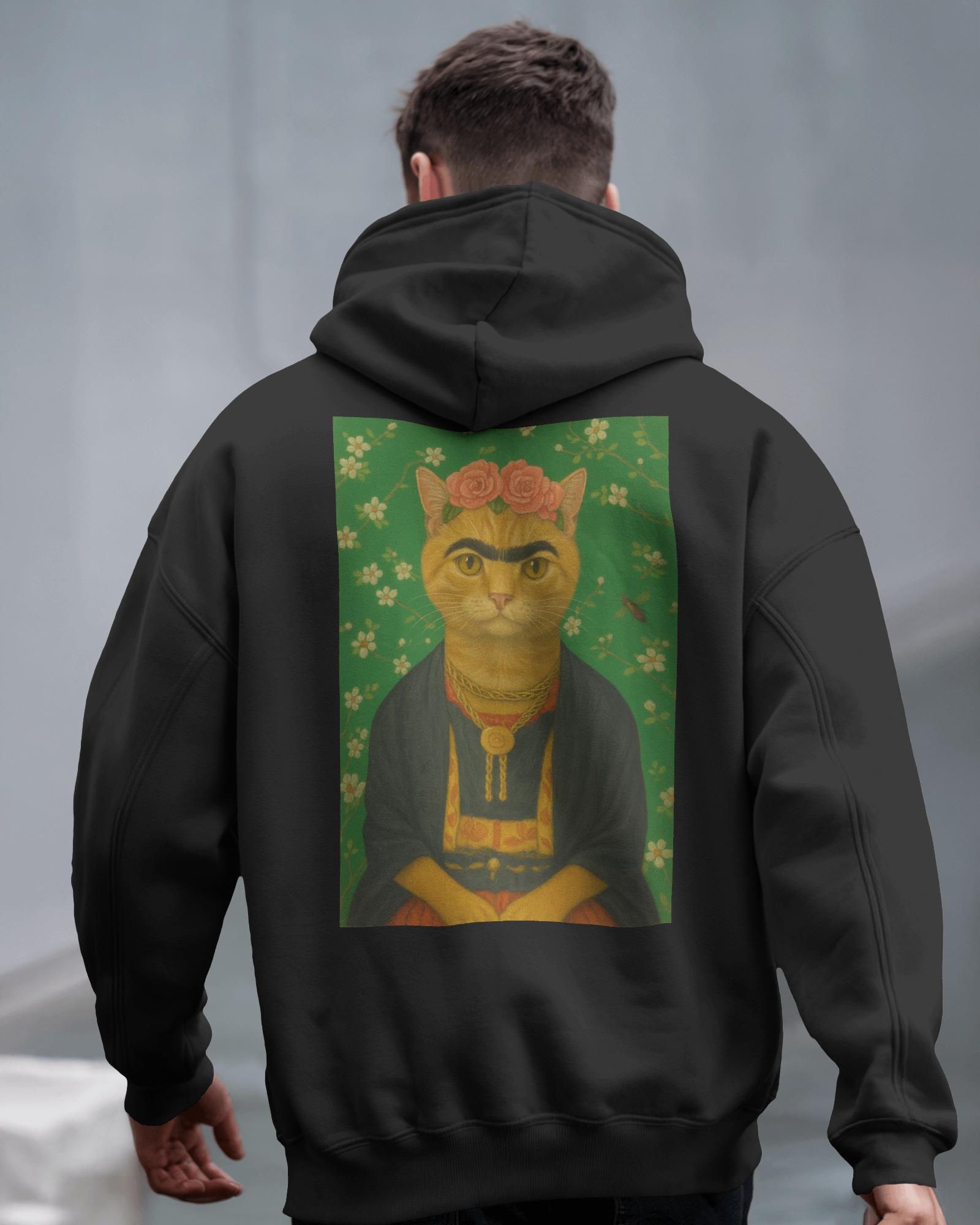 Frida Kedi Tasarımlı Siyah Unisex Kapüşonlu Sweatshirt – Sanatsal & Retro Hoodie