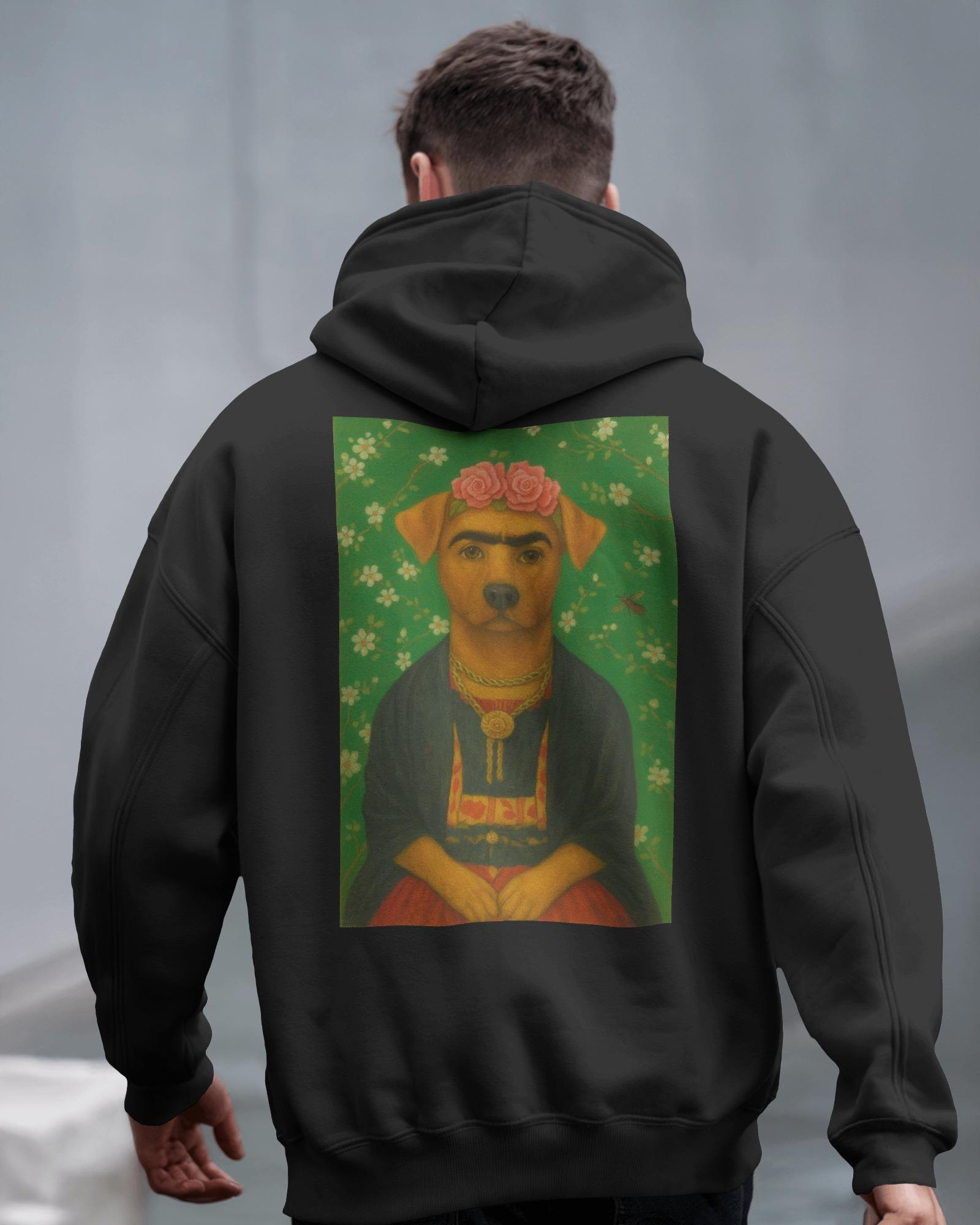 Frida Köpek Tasarımlı Siyah Unisex Kapüşonlu Sweatshirt – Sanatsal & Retro Hoodie