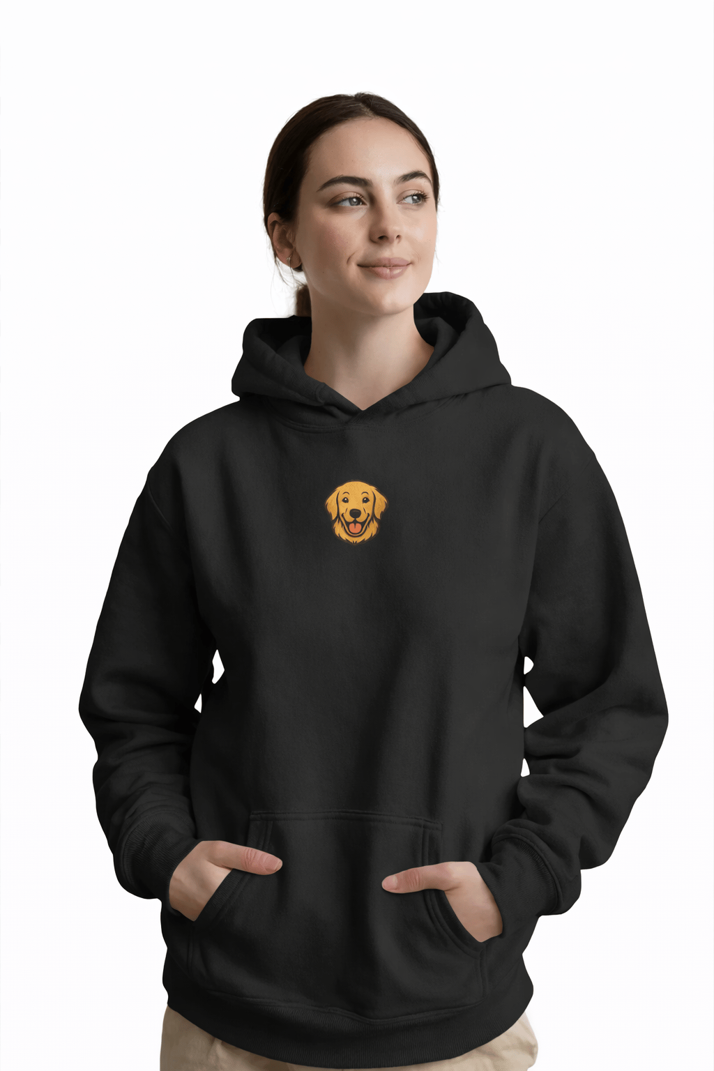 Golden Retriever Nakışlı Siyah Kadın Hoodie – Oversize Kapüşonlu Sweatshirt