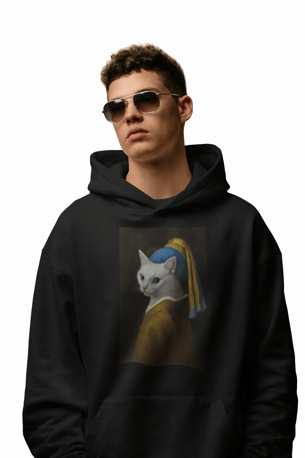 İnci Küpeli Kedi Baskılı Siyah Hoodie –  Unisex Kapüşonlu Sweatshirt