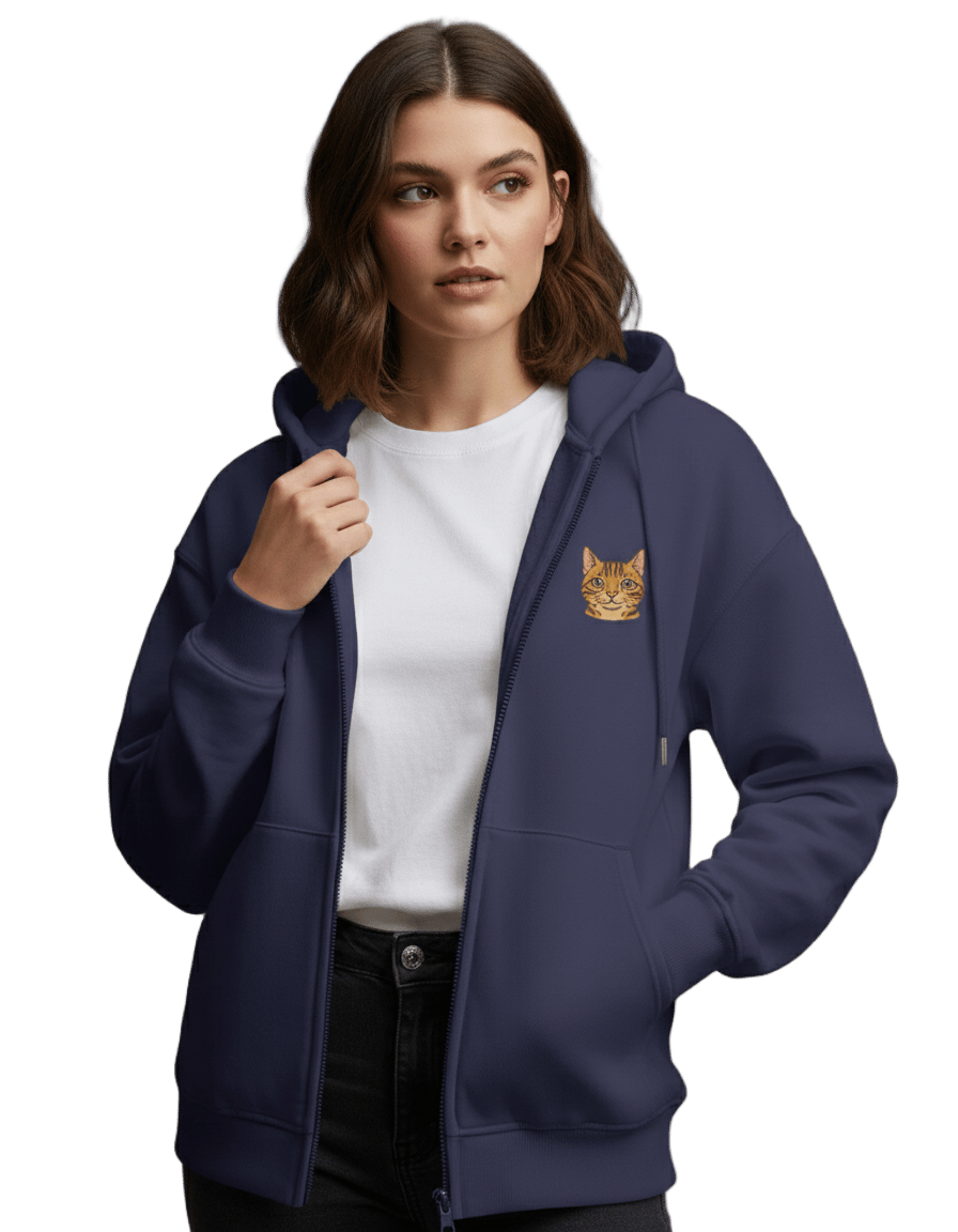 Kadın Bengal Kedisi Baskılı Tam Boy Fermuarlı Hoodie – Oversize