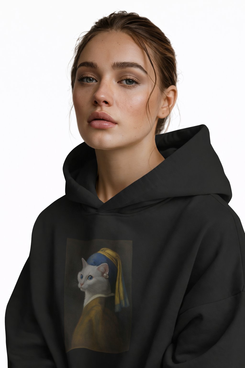 Kadın İnci Küpeli Kedi Baskılı Siyah Hoodie – 3 İplik Şardonlu Kapüşonlu Sweatshirt