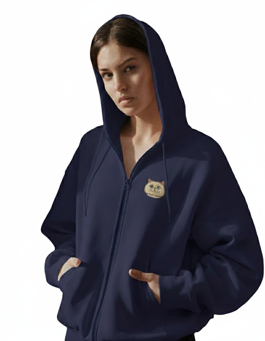 Kadın Persian (İran Kedisi) Baskılı Tam Boy Fermuarlı Oversize Hoodie