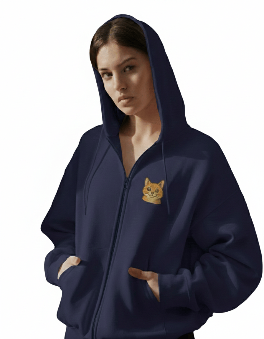 Kadın Sarman Kedi Baskılı Tam Boy Fermuarlı Oversize Hoodie
