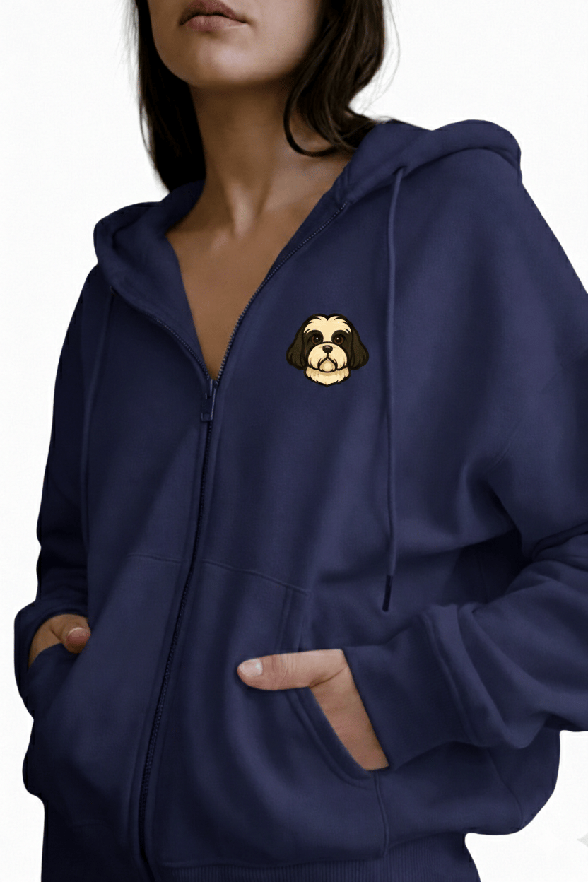 Kadın Shih Tzu Baskılı Oversize Fermuarlı Hoodie