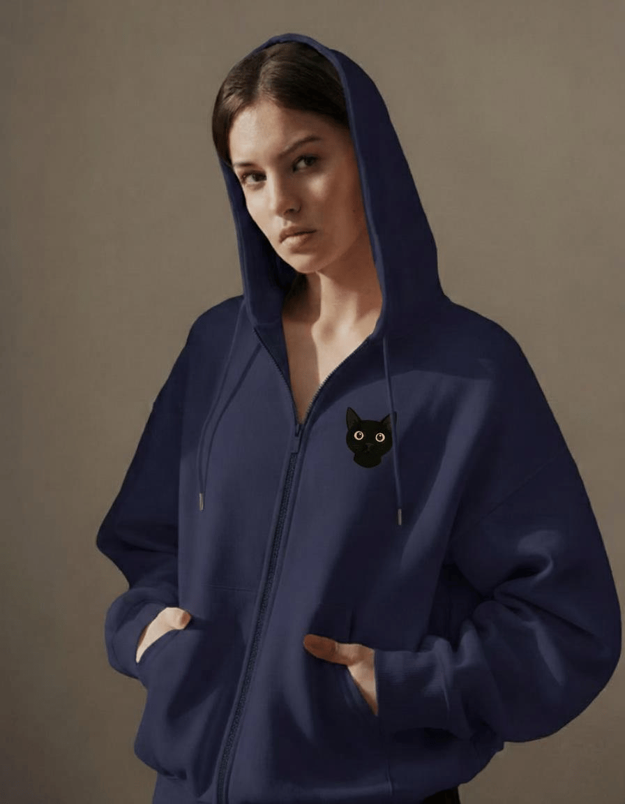 Kadın Siyah Kedi Baskılı Tam Boy Fermuarlı Oversize Hoodie