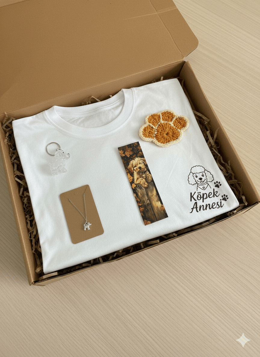 Köpek Annesi Hediye Kutusu – T-shirt + Kolye + Anahtarlık + Kitap Ayracı + Örgü Süs (Sürpriz Hediyeli)