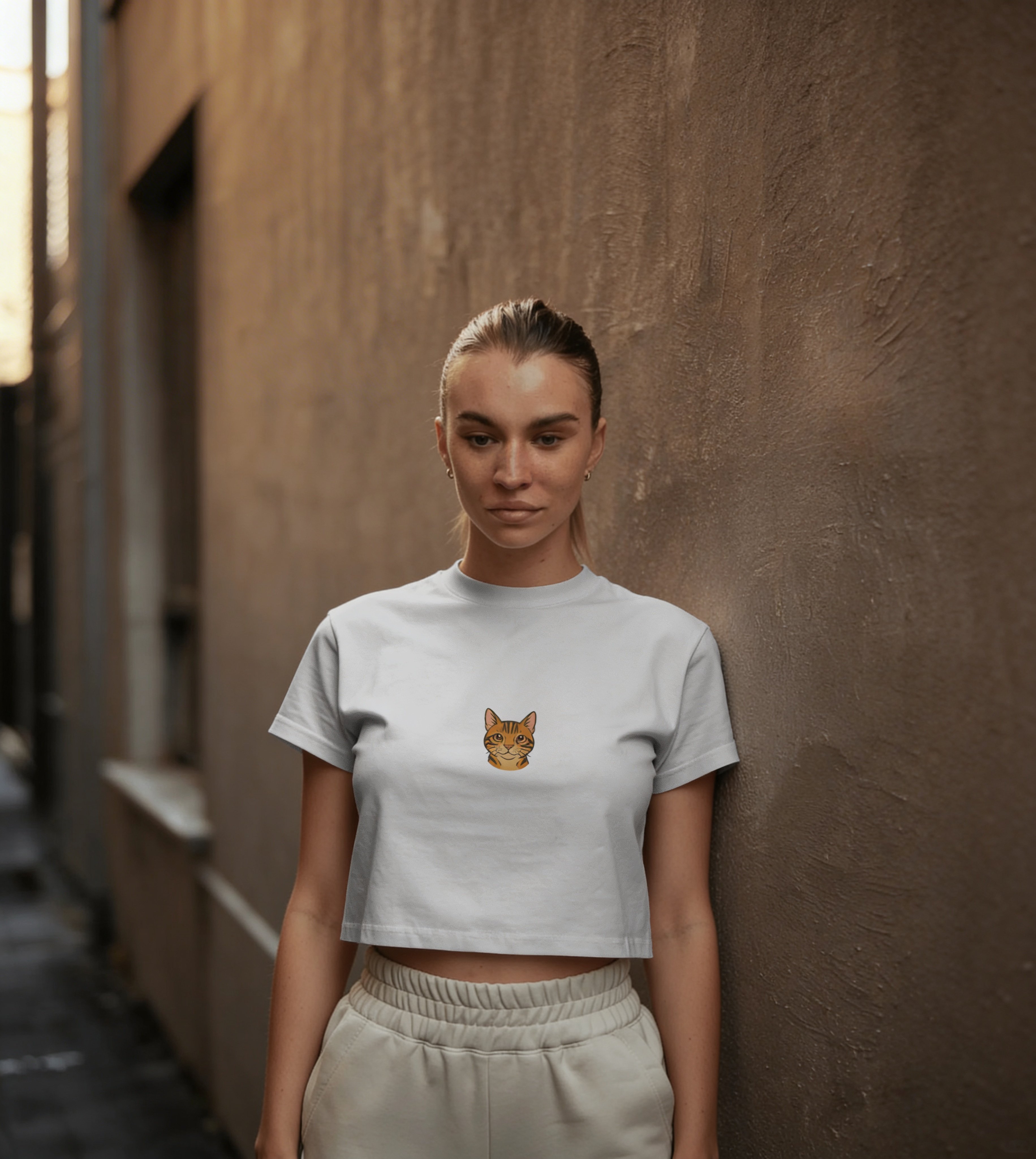 Minimal Bengal Kedi Baskılı Siyah Crop Tişört Kadın Oversize Rahat Kalıp