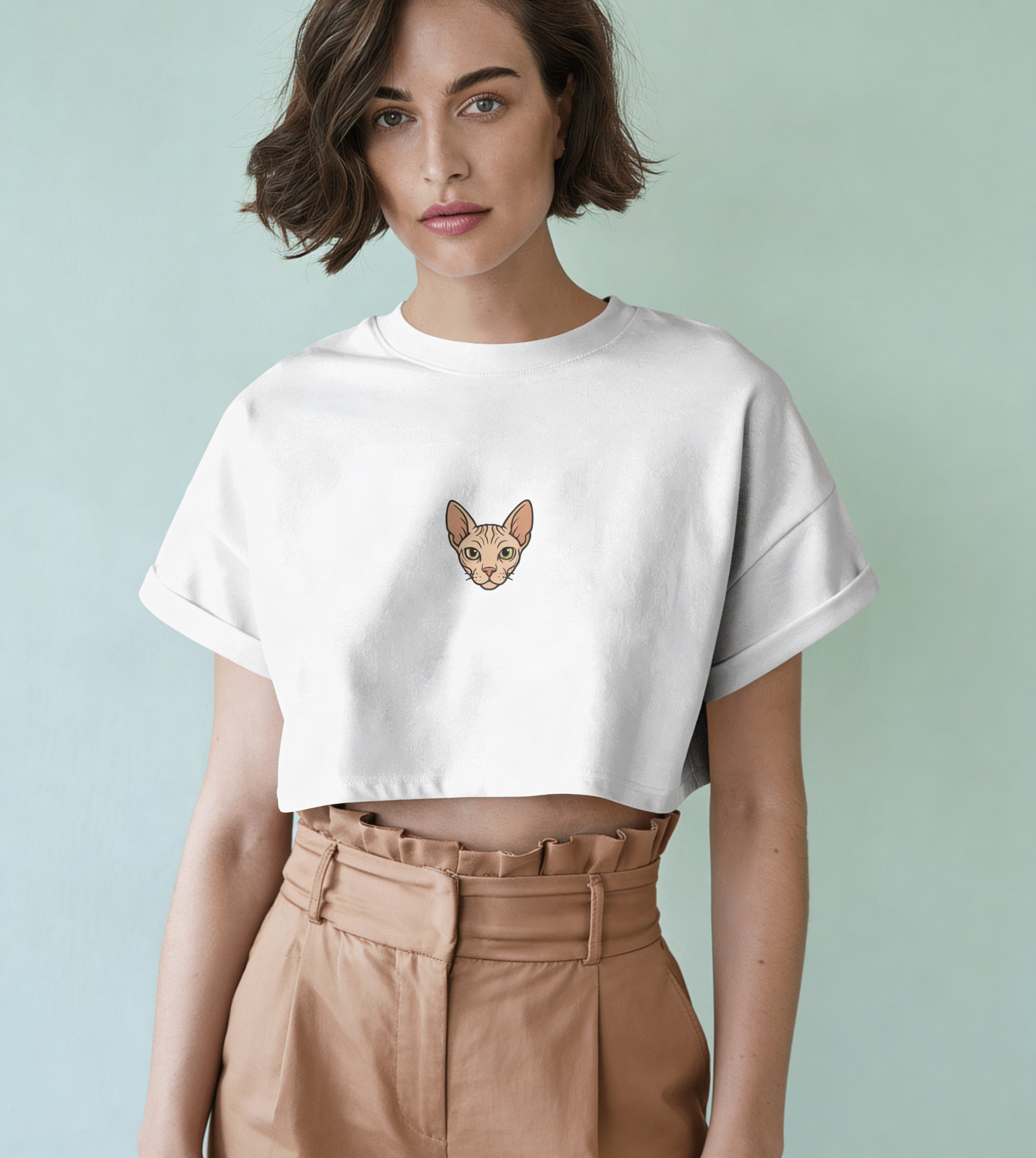 Minimal Sphynx Kedi Baskılı Beyaz Crop Tişört Kadın Rahat Kalıp