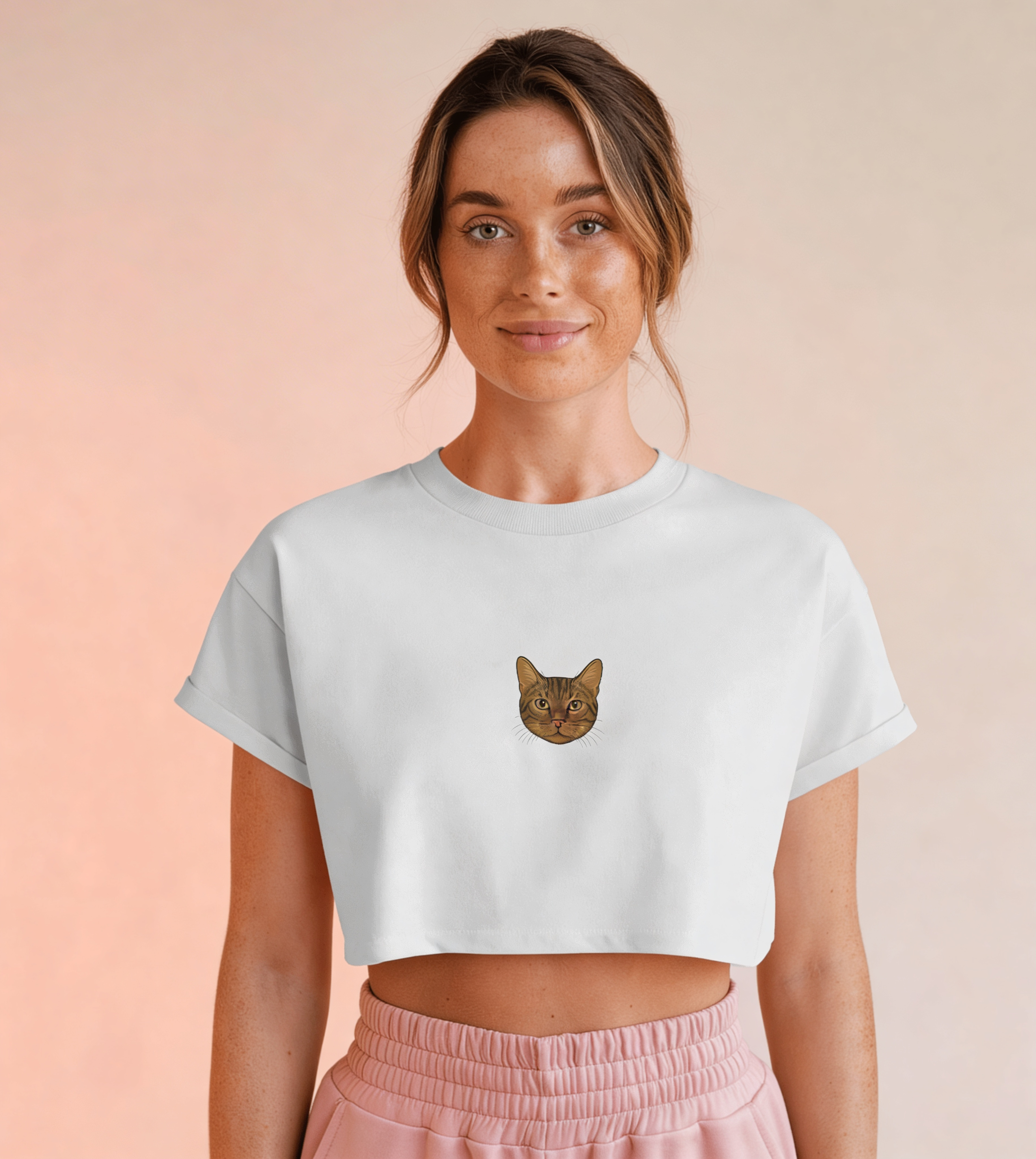 Minimal Tekir Kedi Baskılı Beyaz Crop Tişört Kadın Rahat Kalıp
