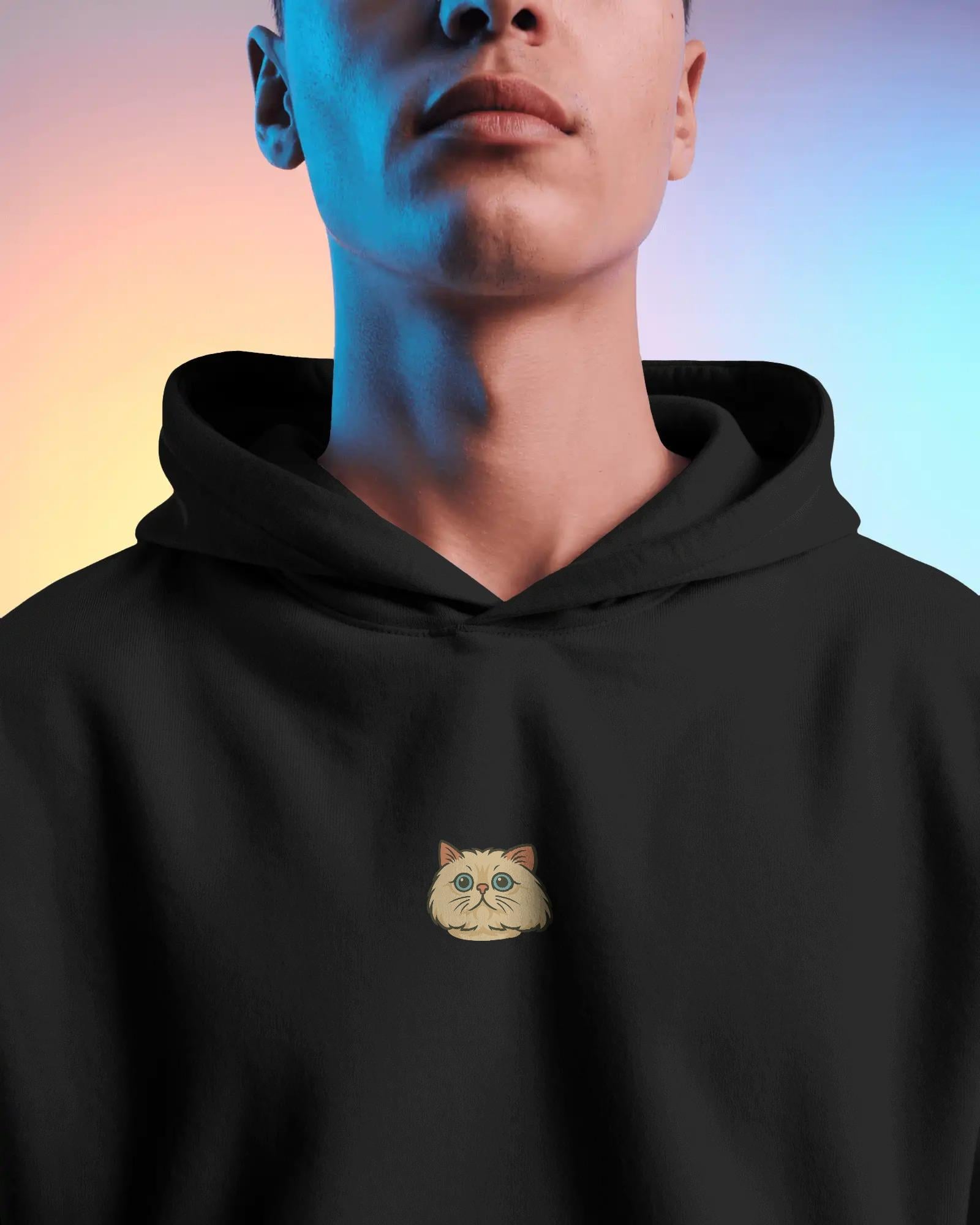 Persian Kedili Hoodie Unisex %100 Pamuk | Siyah Kapüşonlu Sweatshirt Göğüs Ortası Minimal Logo
