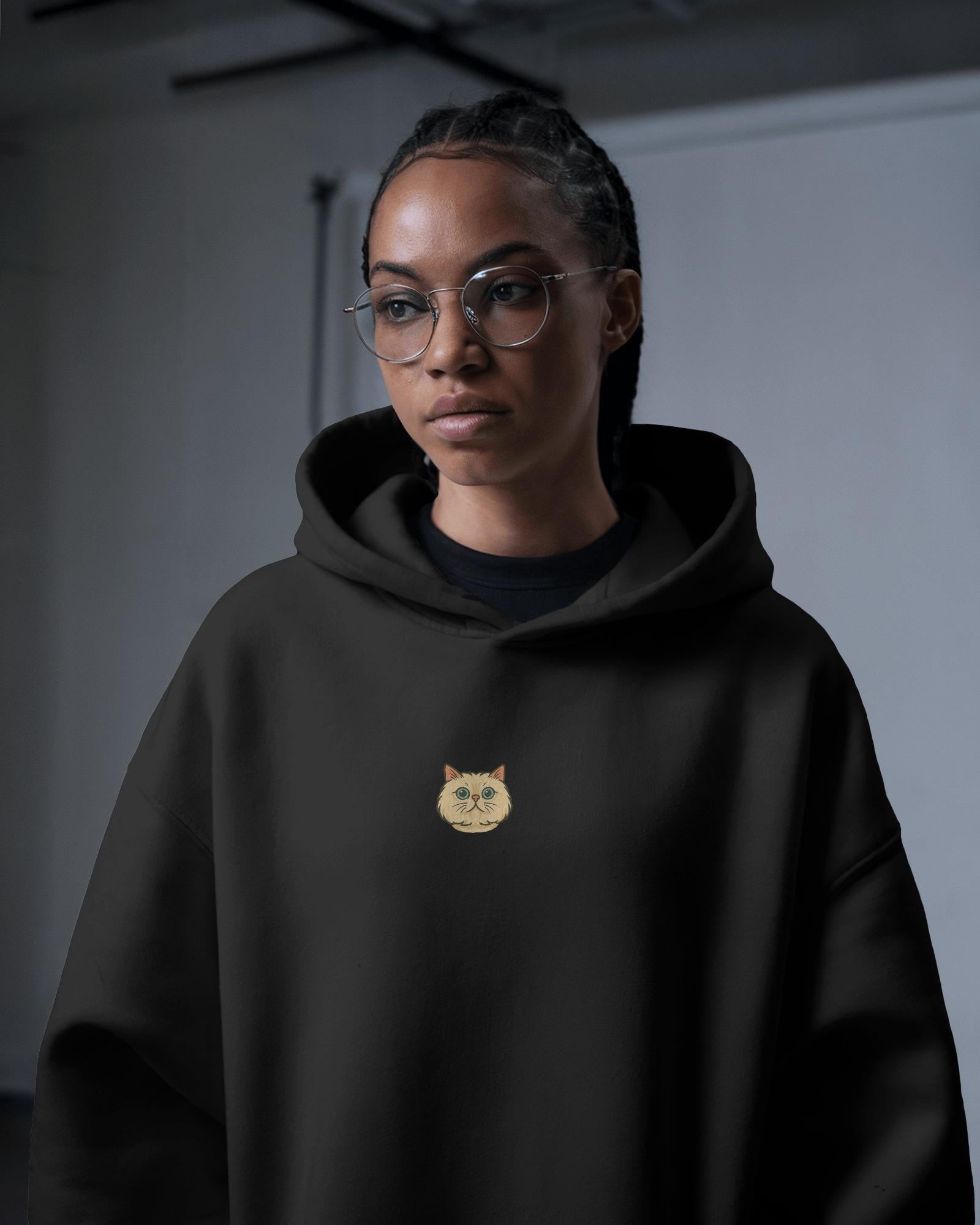 Ragdoll Kedili Hoodie Unisex %100 Pamuk | Siyah Kapüşonlu Sweatshirt Göğüs Ortası Minimal Logo