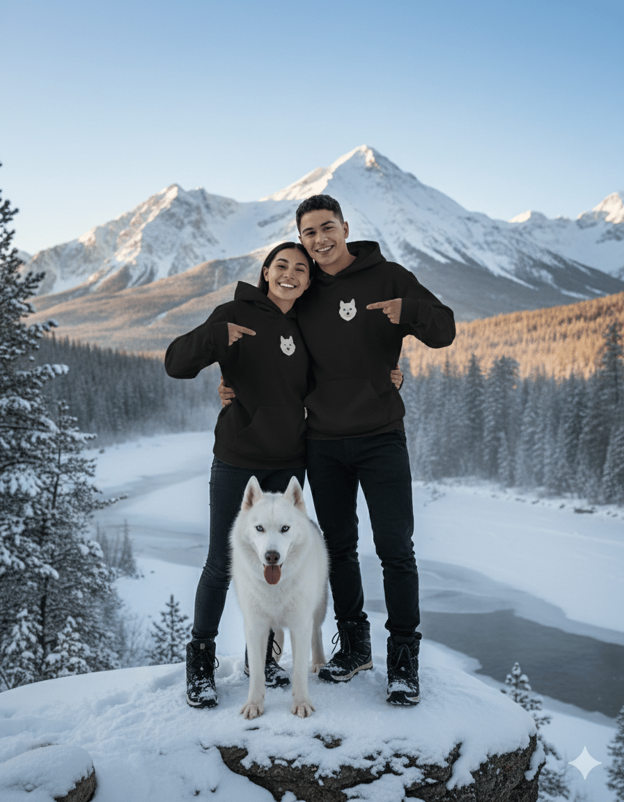 Sevgililer Günü Özel Husky Figürlü Unisex Siyah Hoodie – Patili Aşk ve Macera Temalı Kapüşonlu Sweatshirt