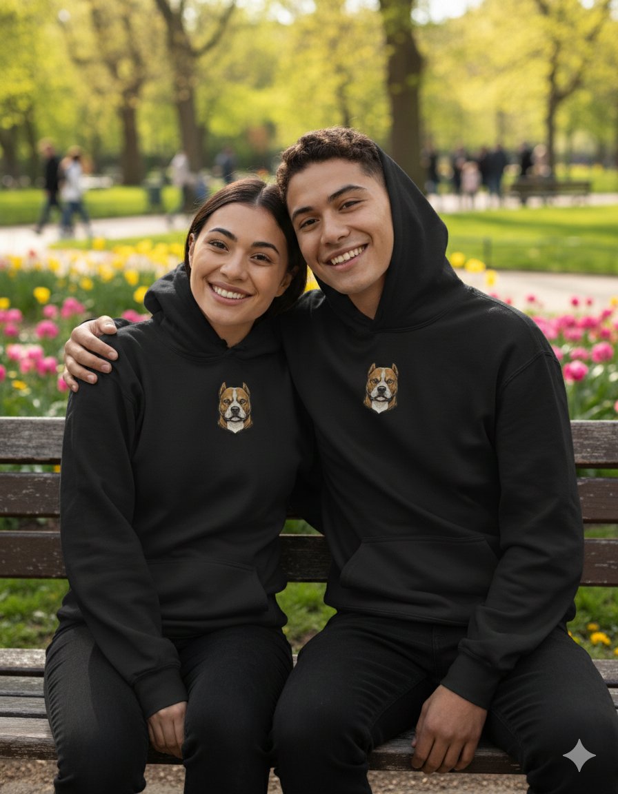 Sevgililer Günü Özel Pitbull Figürlü Unisex Siyah Hoodie – Güçlü Bağlar İçin Pitbull Temalı Kapüşonlu Sweatshirt
