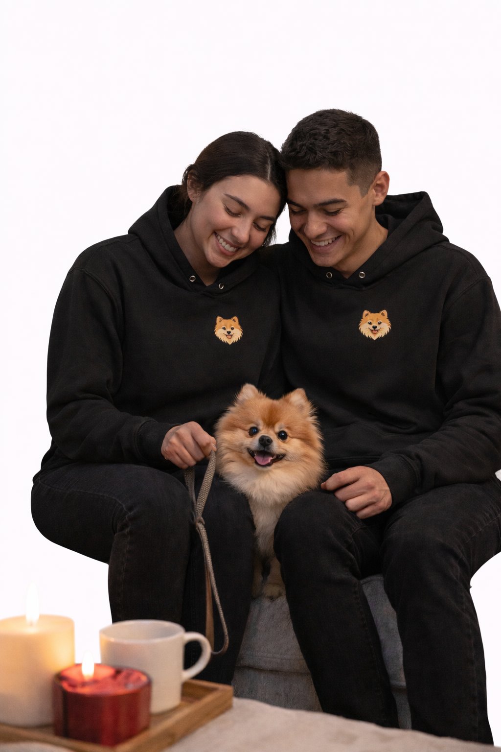 Sevgililer Günü Özel Pomeranian Figürlü Unisex Siyah Hoodie – Patili Aşk Temalı Kapüşonlu Sweatshirt
