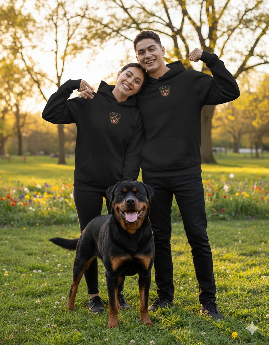 Sevgililer Günü Özel Rottweiler Figürlü Unisex Siyah Hoodie – Köpekli Çiftler İçin Minimal Baskılı Kapüşonlu Sweatshirt