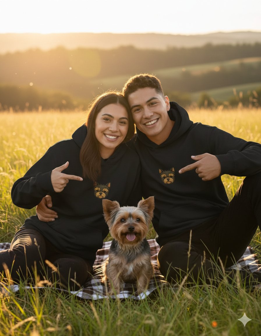 Sevgililer Günü Özel Yorkshire Terrier Figürlü Unisex Siyah Hoodie – Patili Aşk Temalı Kapüşonlu Sweatshirt