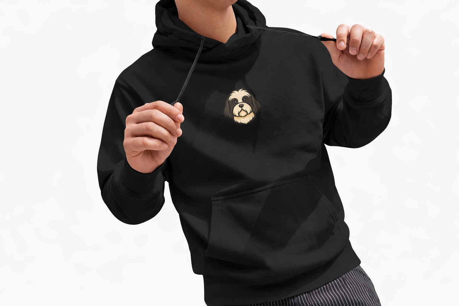 Shih Tzu Figürlü Siyah Unisex Kapüşonlu Sweatshirt – DTF Baskı