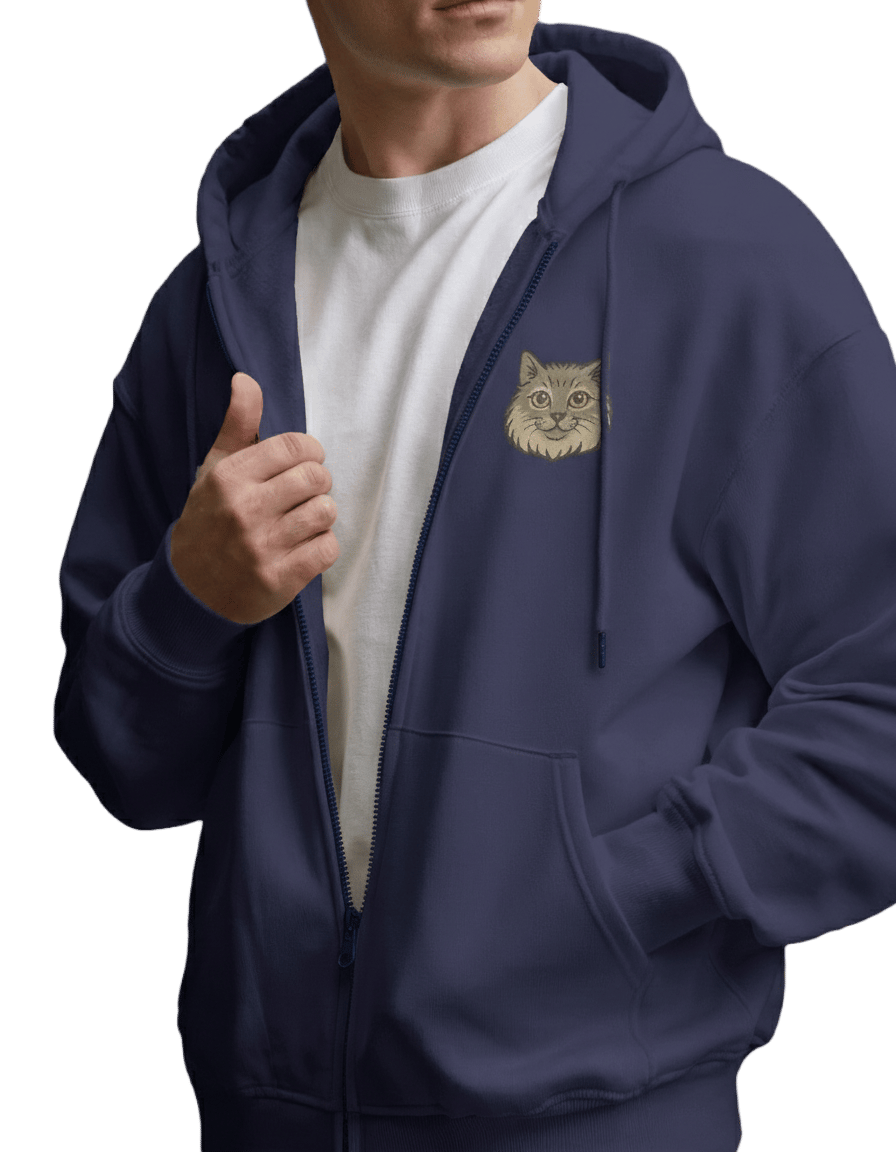 Sibirya Kedisi Baskılı Fermuarlı Kapüşonlu Hoodie – Unisex Oversize