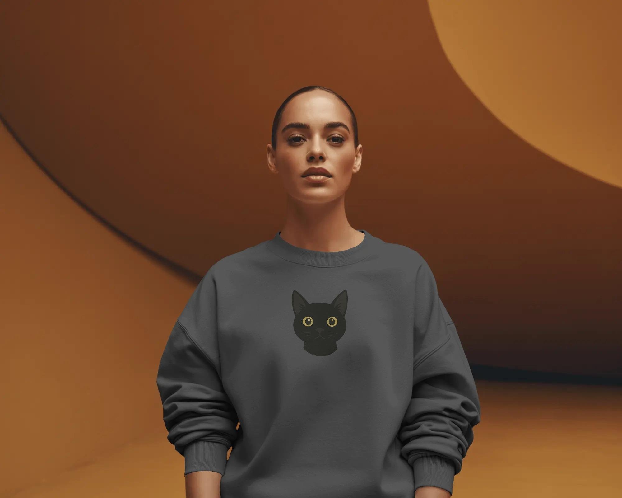 Siyah Kedi (Bombay) Baskılı Kadın Unisex Sweatshirt – Minimal Tasarım | Muhtar Store