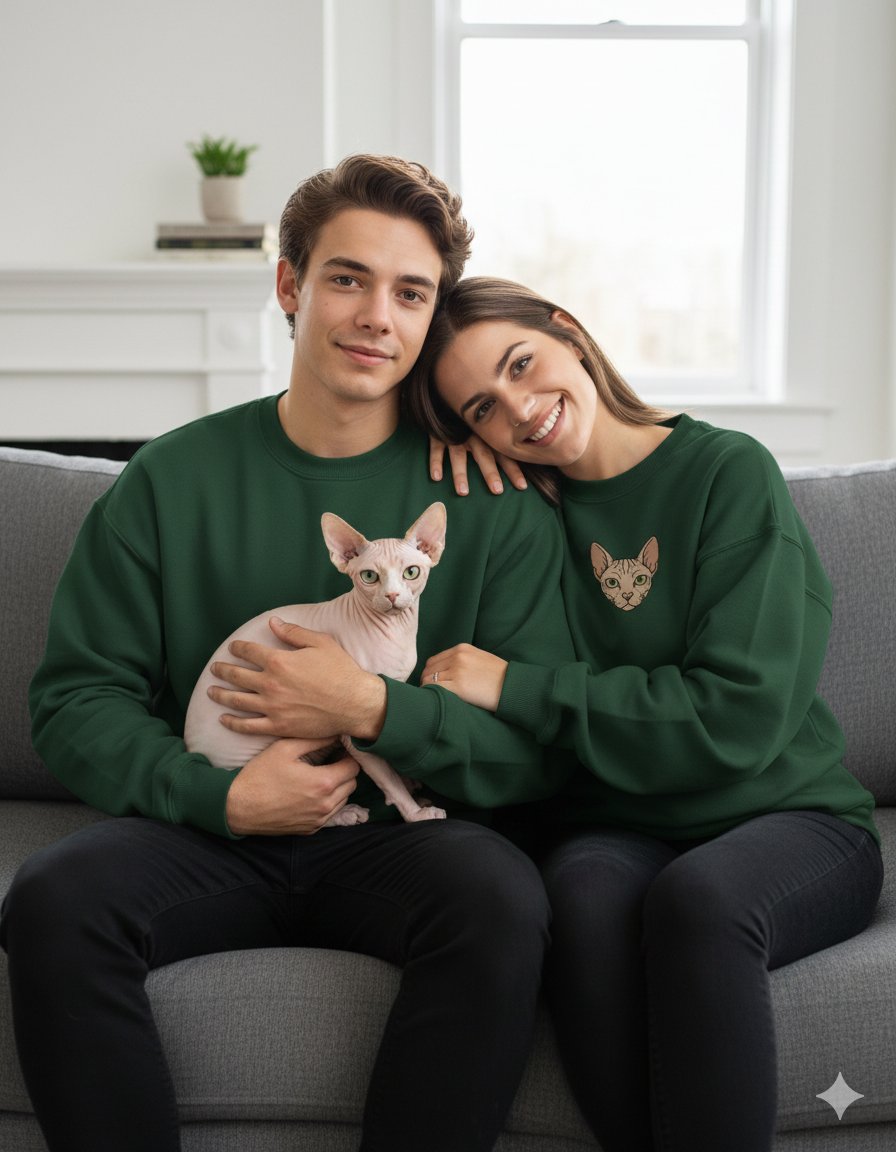 Sphynx Kedi Desenli Sevgili Sweatshirt – Unisex Çift Kombini