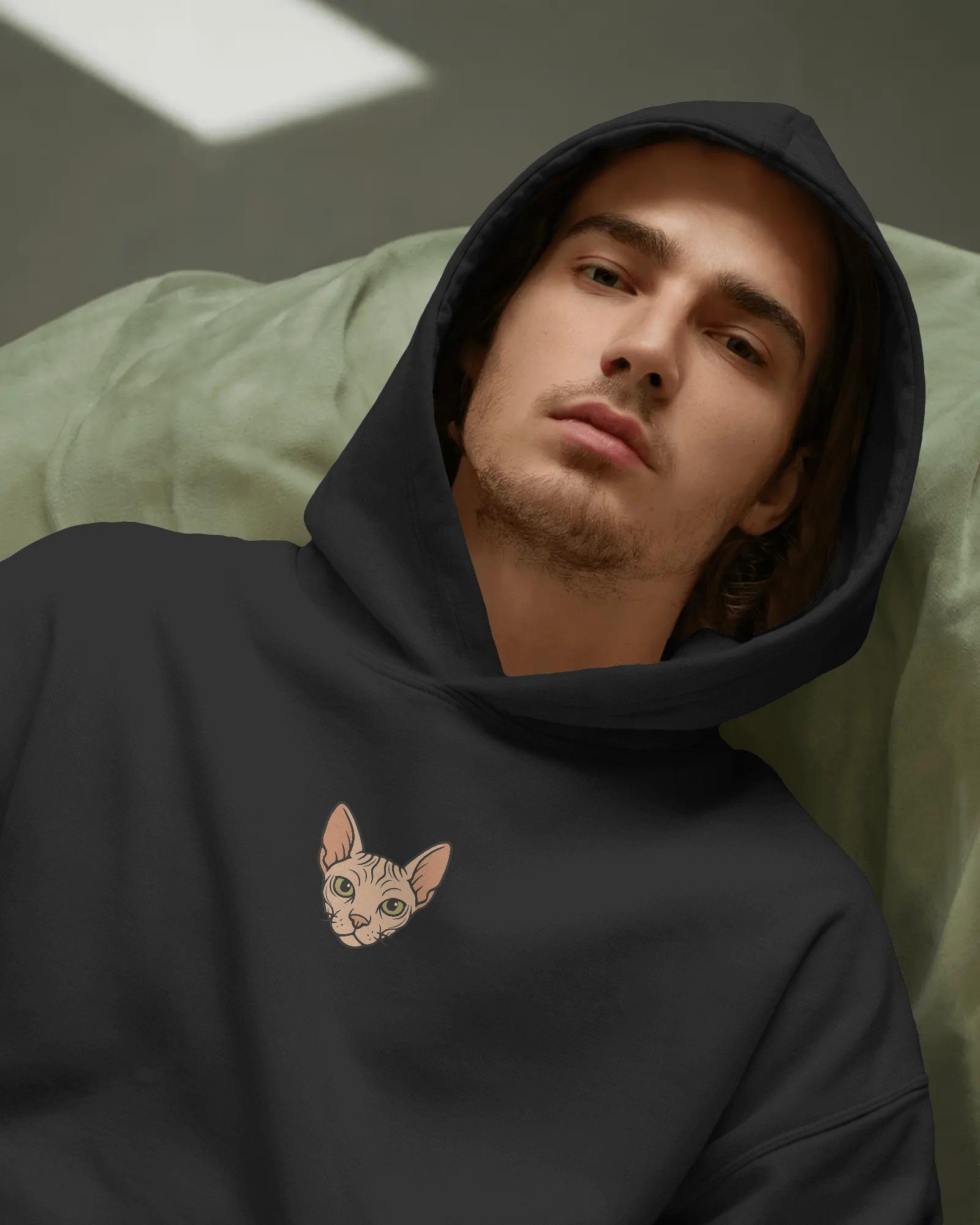 Sphynx Kedili Hoodie Unisex %100 Pamuk | Siyah Kapüşonlu Sweatshirt Göğüs Ortası Minimal Logo
