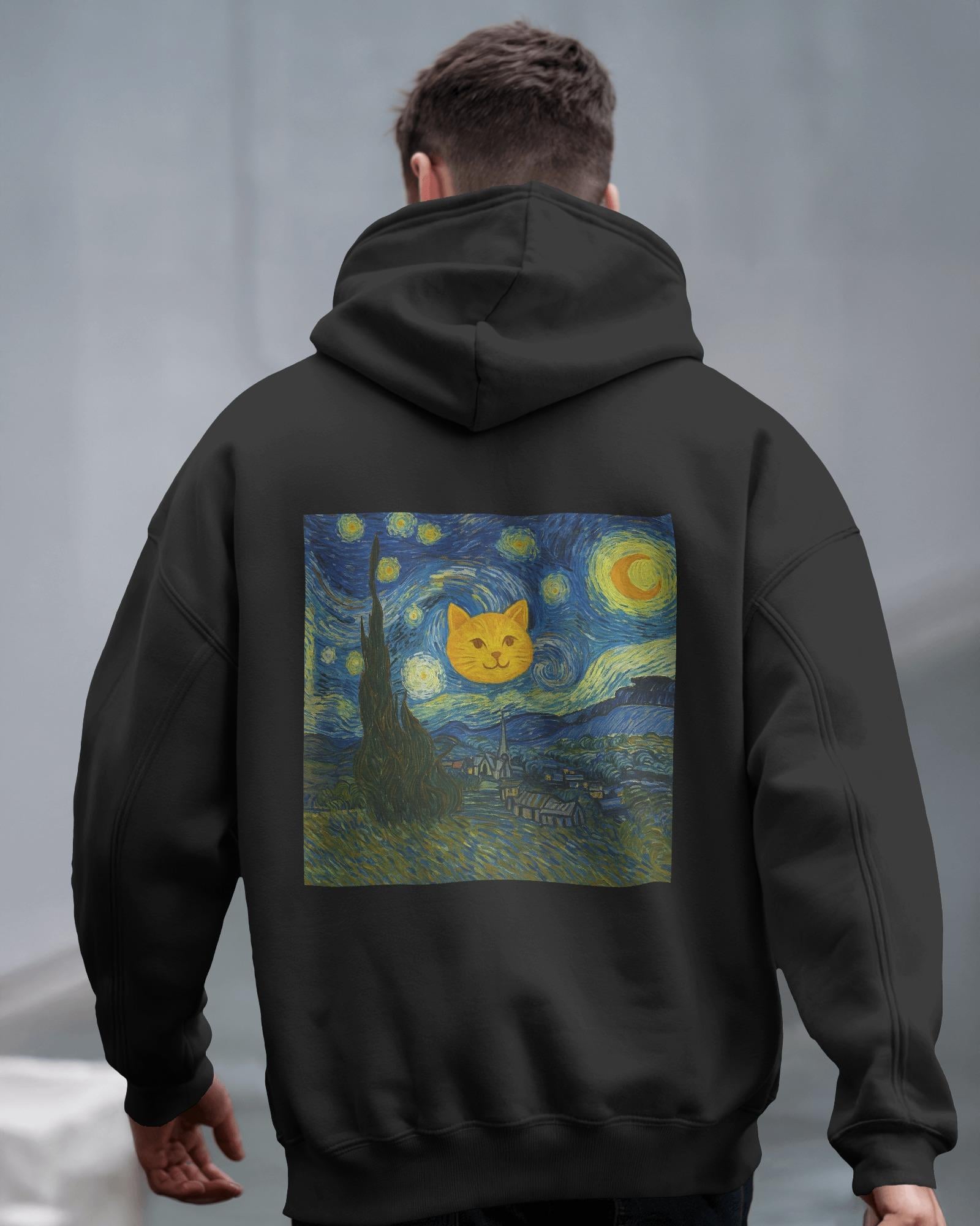 Yıldızlı Gece Kedi Tasarımlı Siyah Unisex Kapüşonlu Sweatshirt – Sanatsal & Retro Hoodie