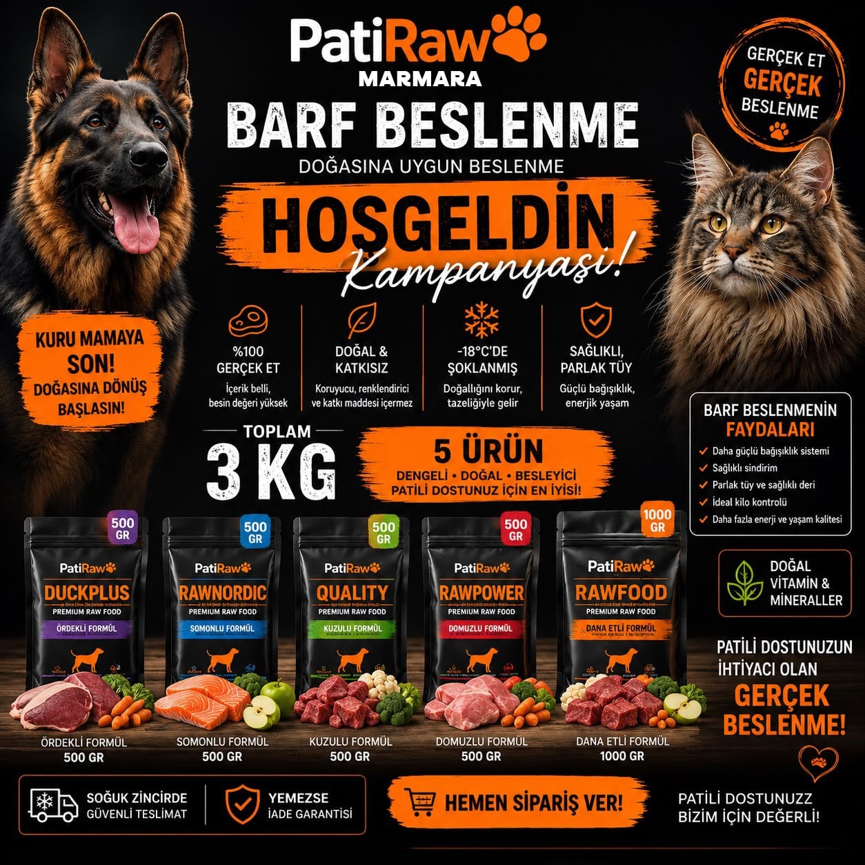 PatiRawMarmara Hoş Geldin Tanışma Paketi (3 KG) (5 FARKLI LEZZET)