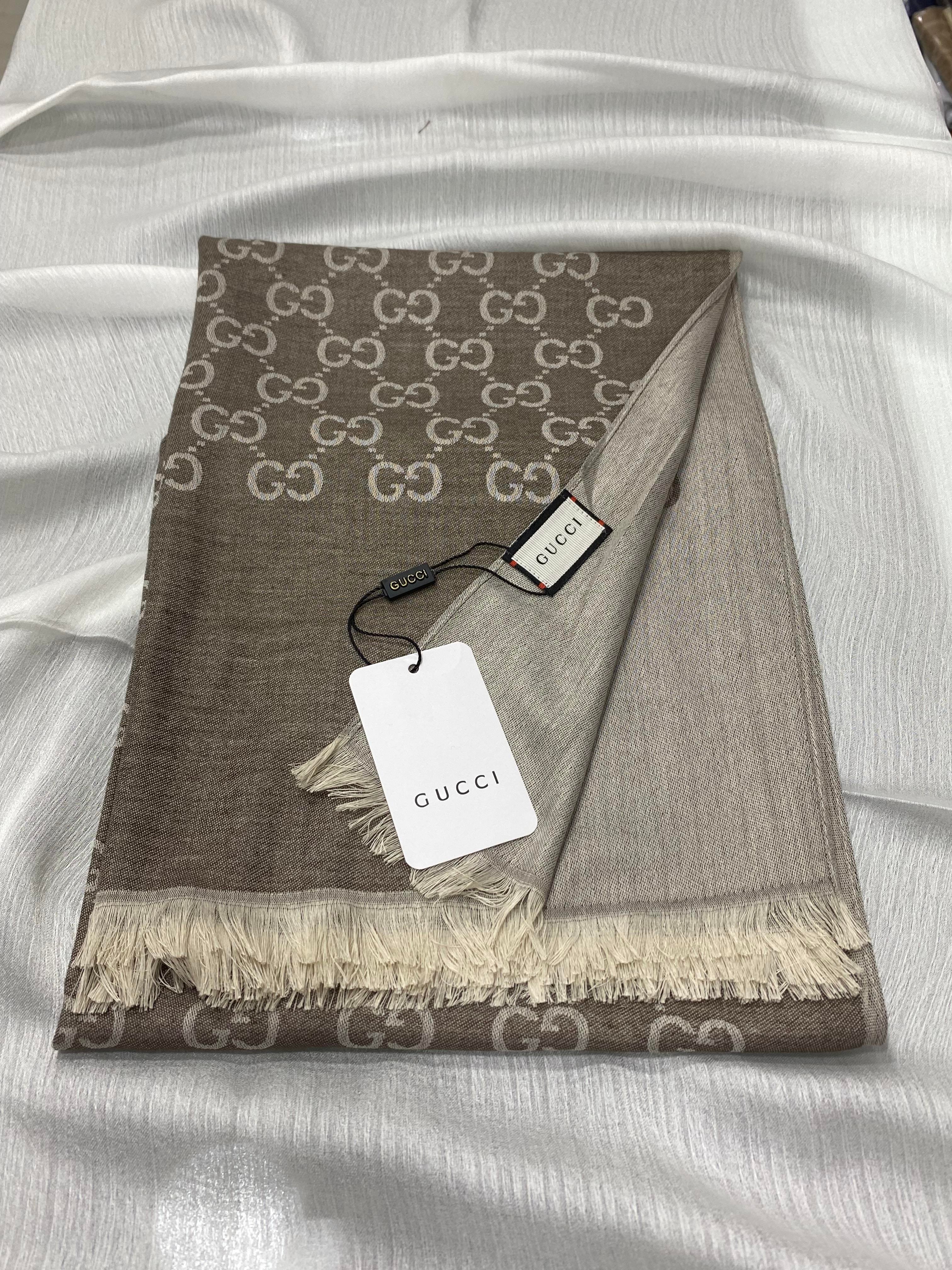 GUCCİ DESEN YÜN İPEK ŞAL KAHVERENGİ-AÇIK BEJ