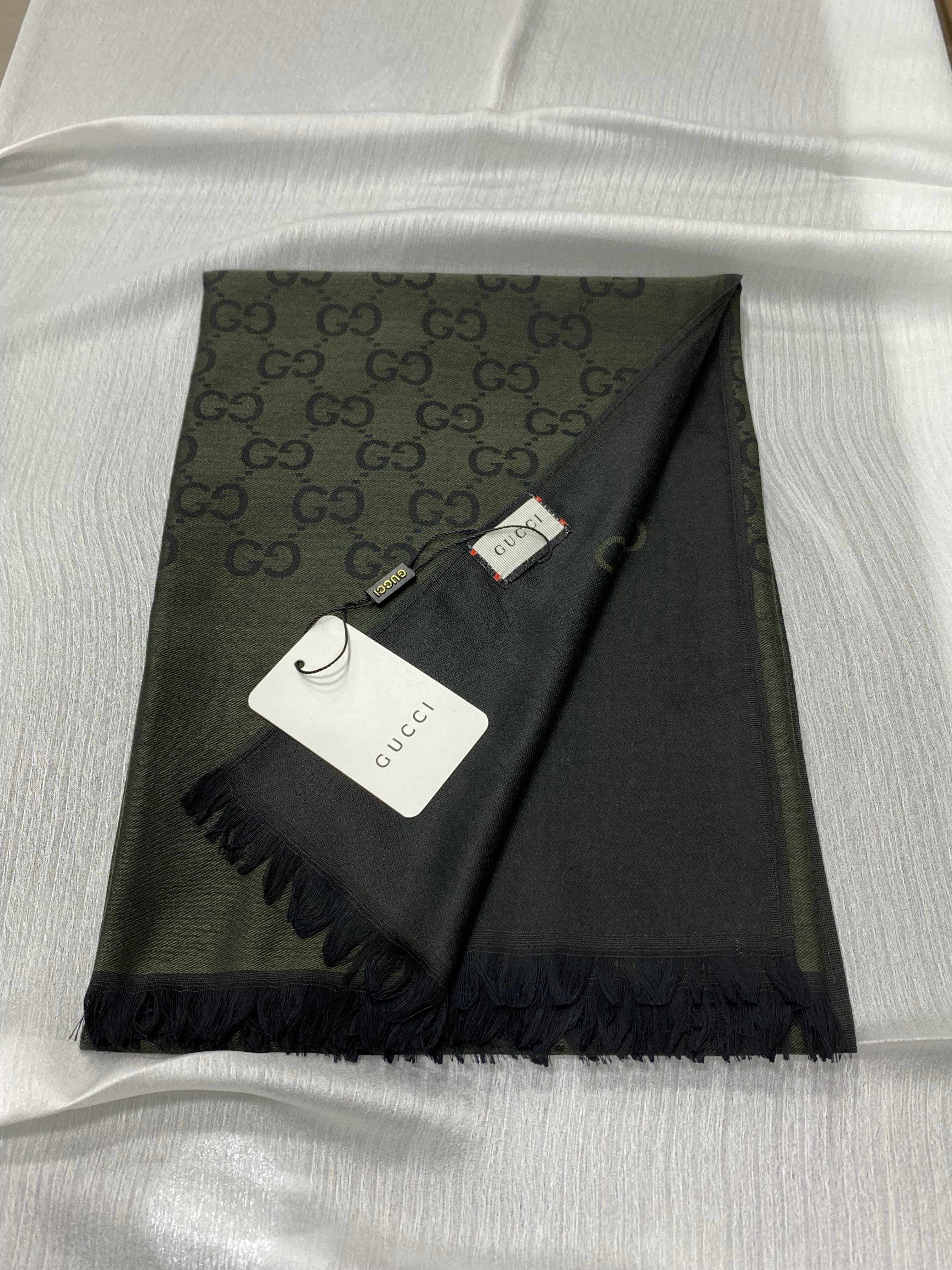 GUCCİ DESEN YÜN İPEK ŞAL HAKİ YEŞİL