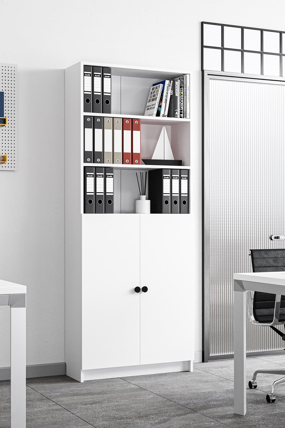Tera Kitaplık 5 Raflı 2 Kapaklı Çok Amaçlı Ofis Salon Kitap Dosya Rafı Ayarlanabilir Raflı Kitaplık Beyaz