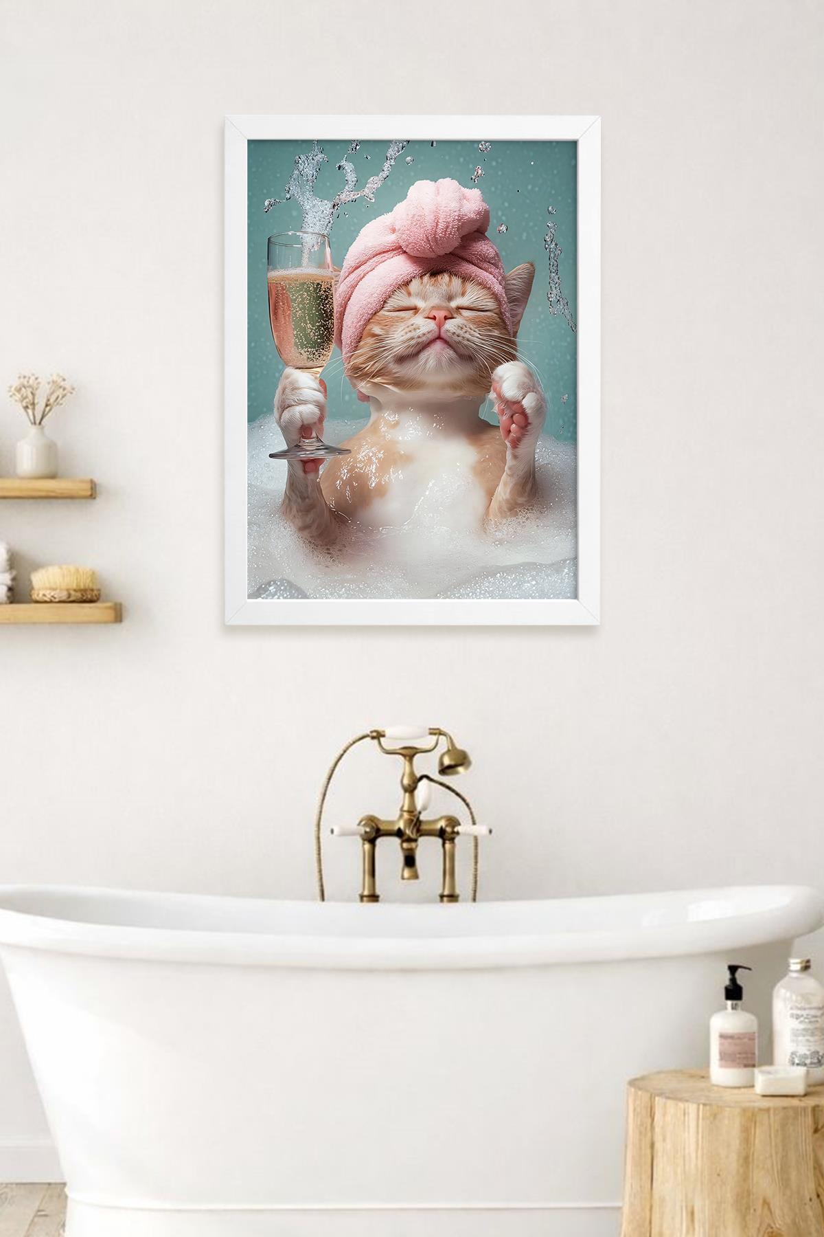 KOI Art Design Bubble Cat Tablo + Ermitaj A3-30x42 cm Beyaz Çerçeve