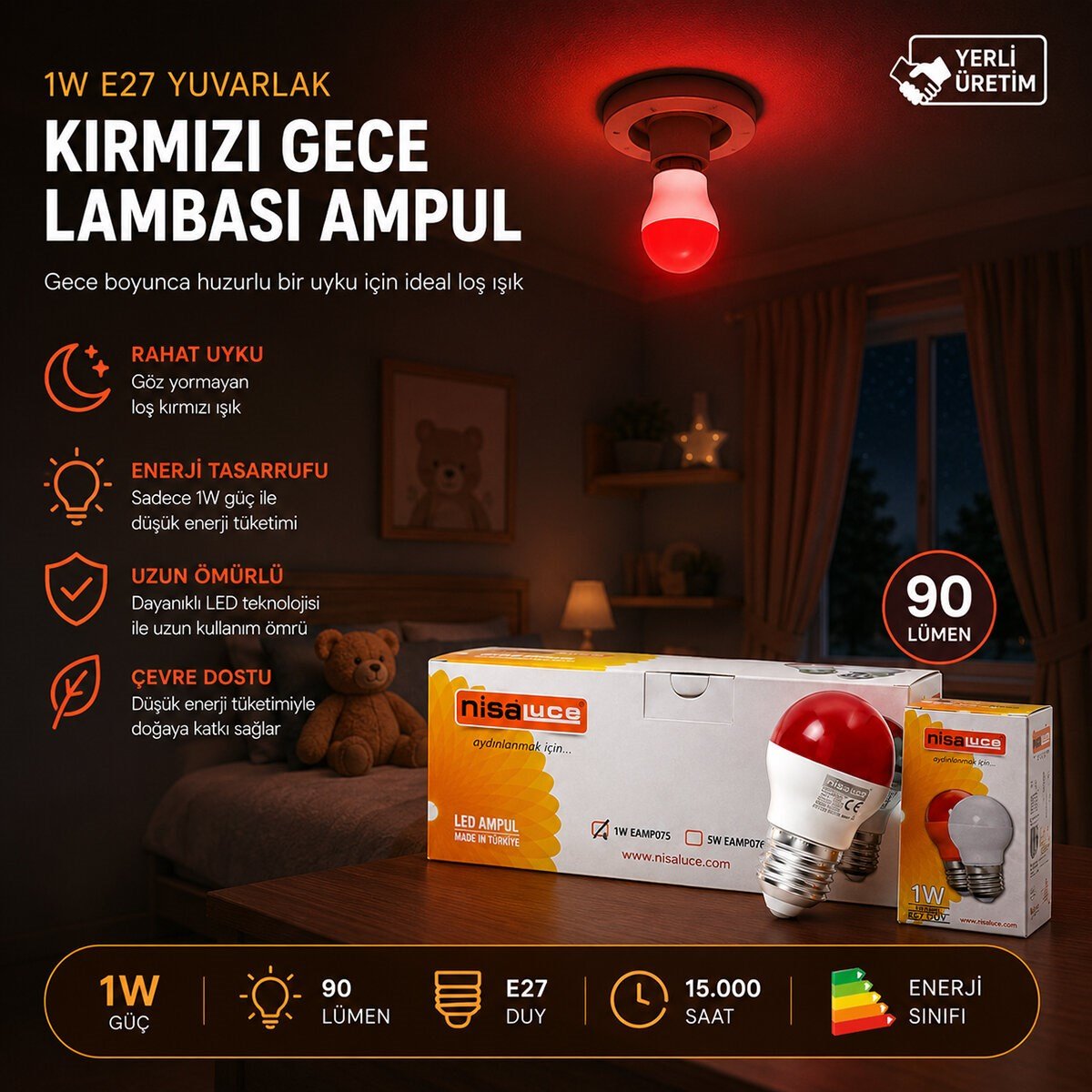 10 ADET 1W E27 KIRMIZI YUVARLAK GECE LAMBASI LED AMPUL EAMP-075 (5293)