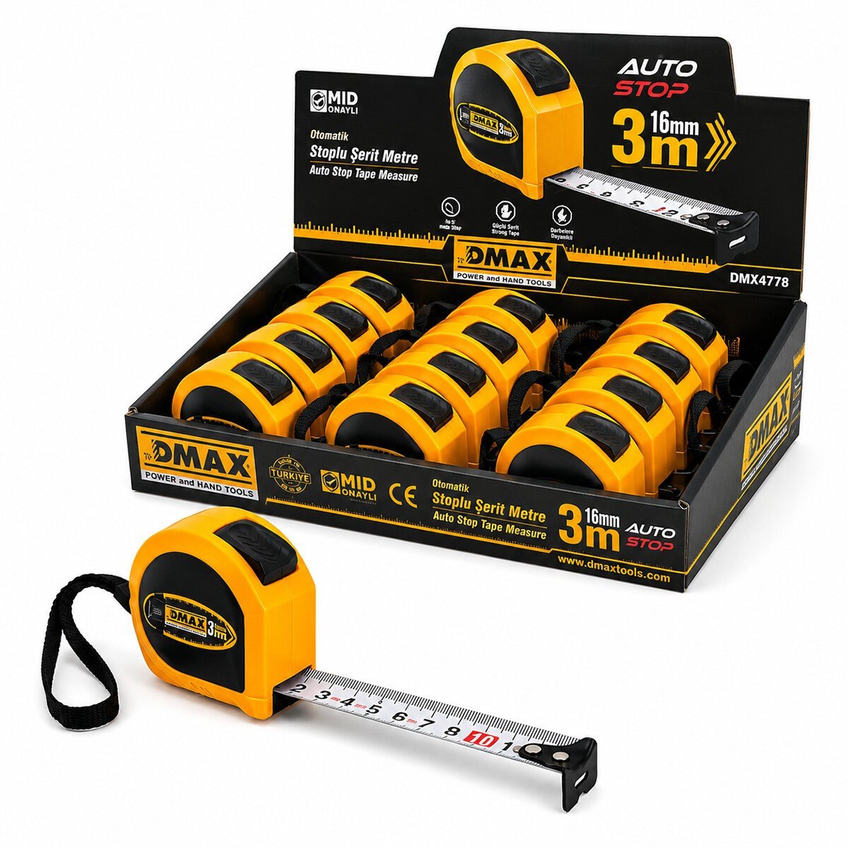 12 ADET 3MT X 16MM OTOMATİK ÇELİK ŞERİT METRE STOPLU (5293)