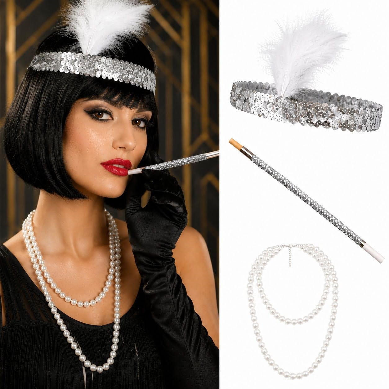 1920'ler Gatsby Gümüş Parti Seti - Çarliston Saç Bandı, İnci Kolye ve Sigara Tutacağı (5293)