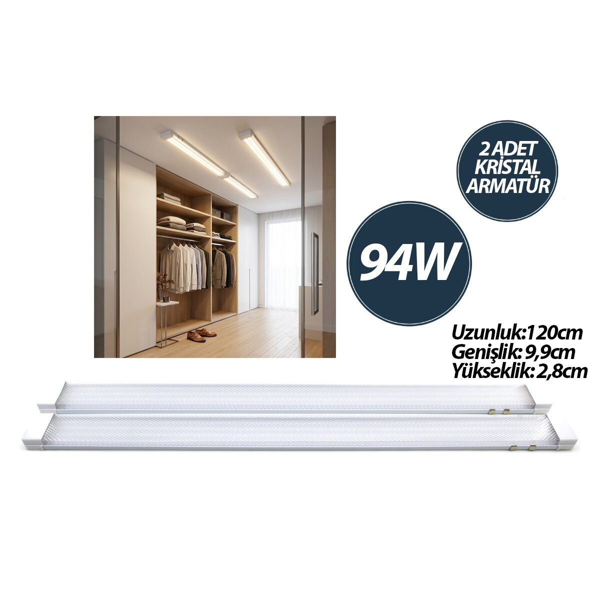 2 PCS 94W 120CM KRİSTAL LED BANT ARMATÜR BEYAZ=6500K ALÜMİNYUM KAPAK IP20 - Y BAĞLANTI EAMP-093/1B (5293)