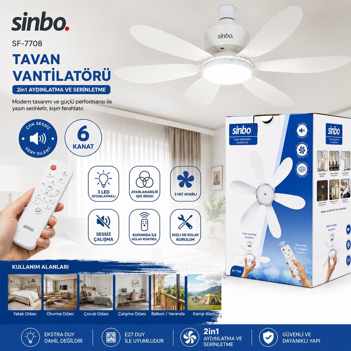 3 LED AYDINLATMALI - SESSİZ ÇALIŞMA 6 KANAT - KUMANDA TAVAN VANTİLATÖR SF-7708 (5293)