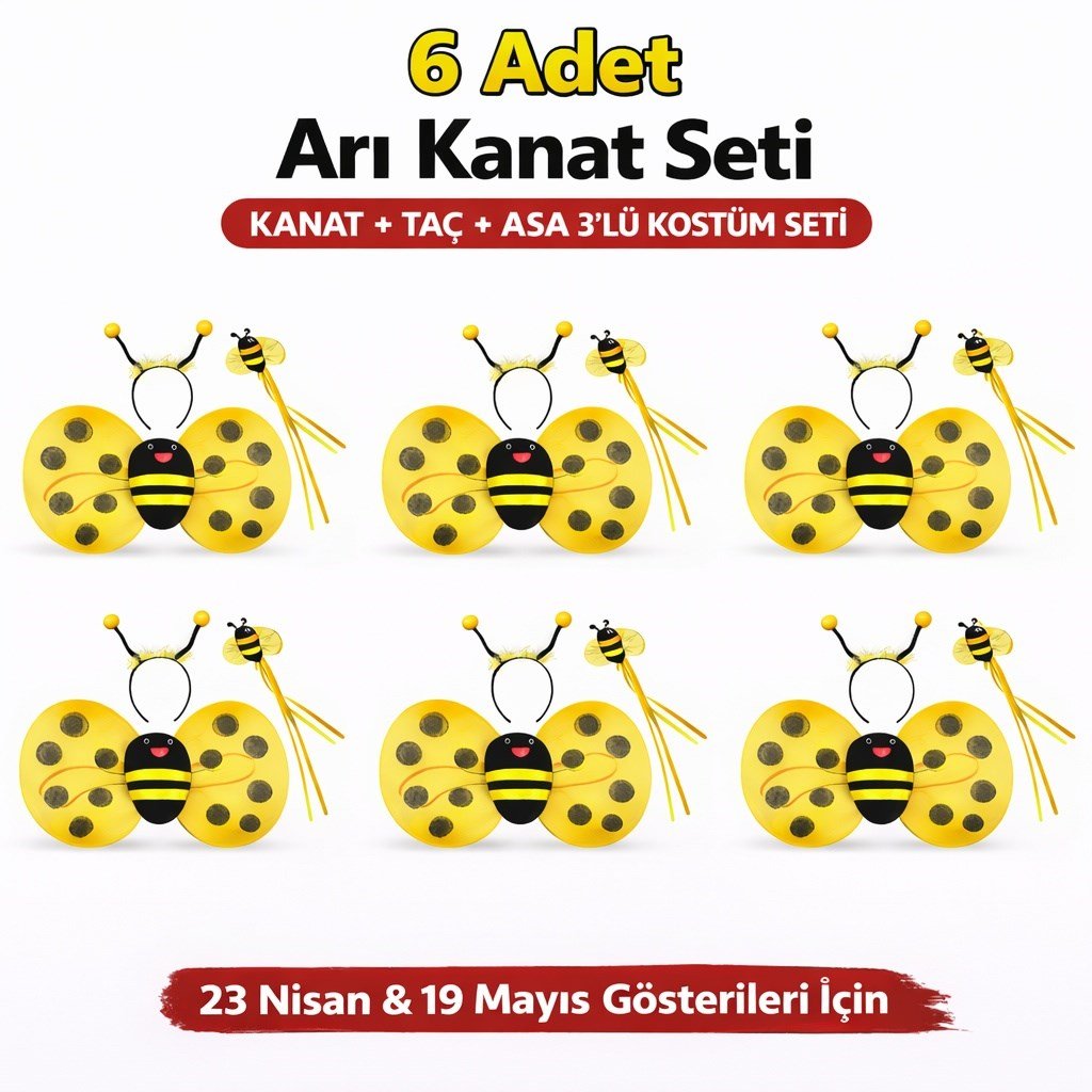 6'lı Arı Kostüm Seti – Kanat Taç Asa (5293)