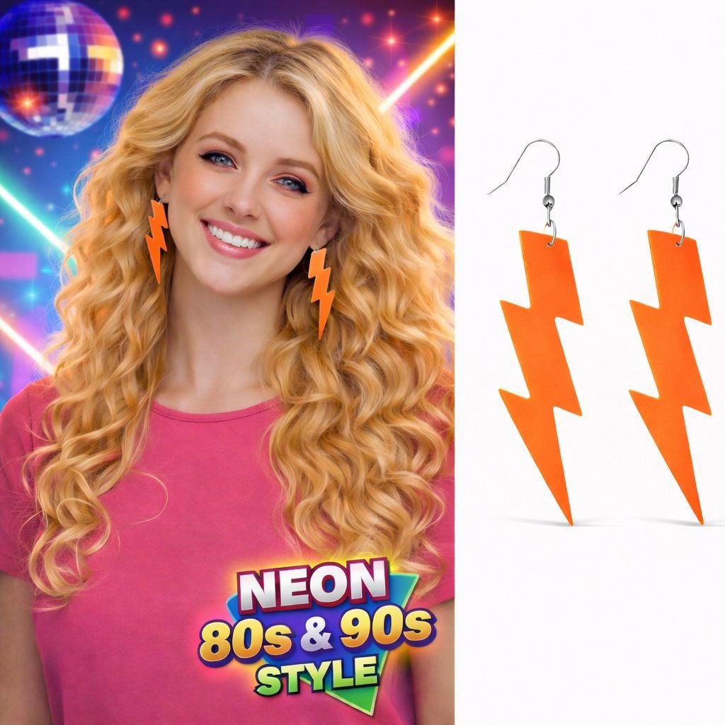 80’ler 90'lar Retro Neon Turuncu Şimşek Küpe 10 cm (5293)