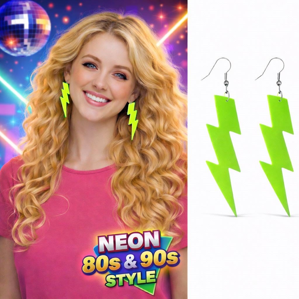 80’ler 90'lar Retro Neon Yeşil Şimşek Küpe 10 cm (5293)