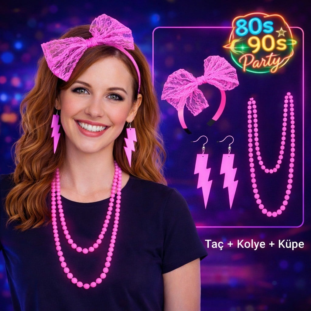 80’ler 90’lar Neon Pembe Parti Seti – Kolye Küpe Taç (5293)