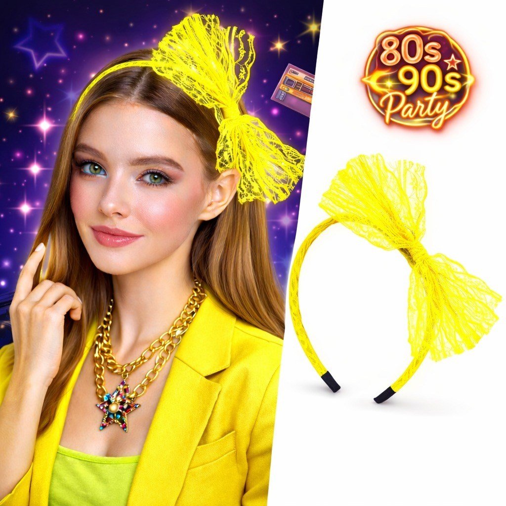 80’ler 90’lar Neon Sarı Dantel Taç Fiyonklu (5293)