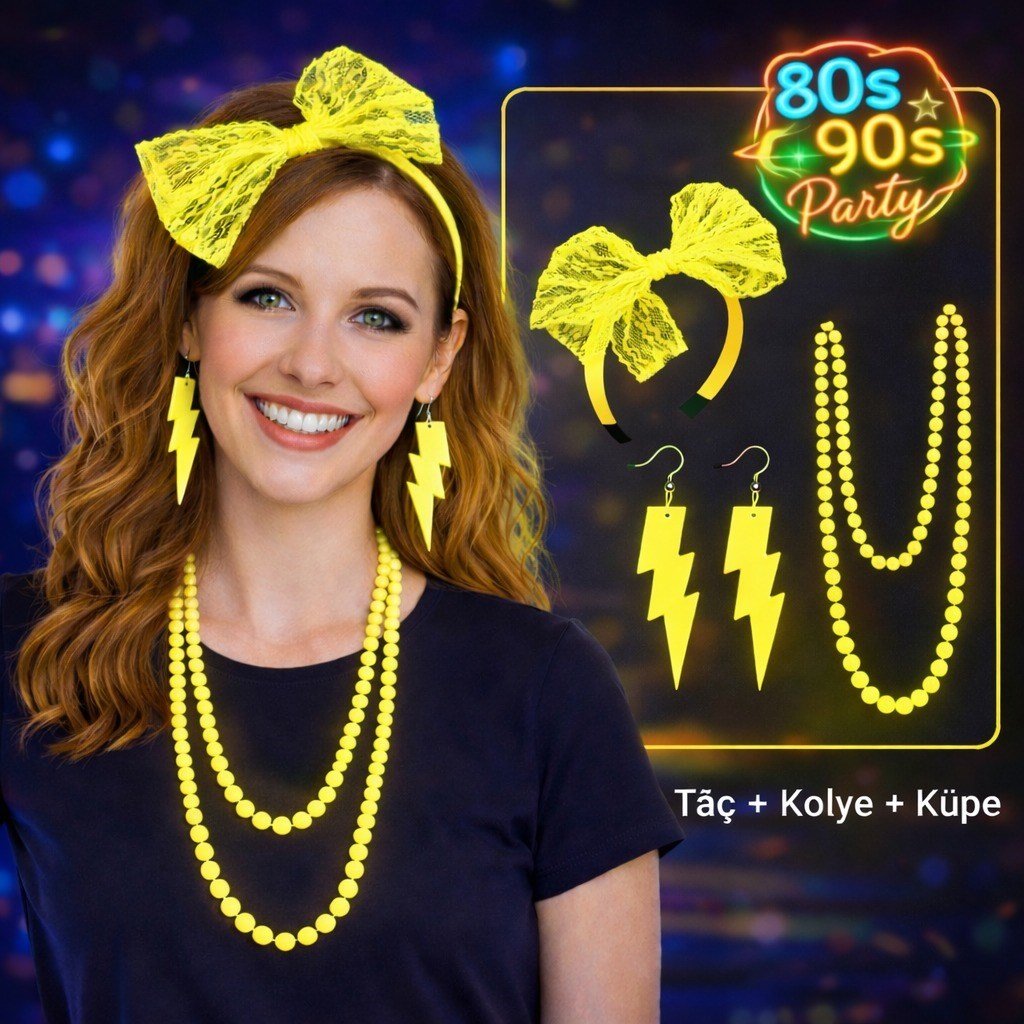 80’ler 90’lar Neon Sarı Parti Seti – Kolye Küpe Taç (5293)
