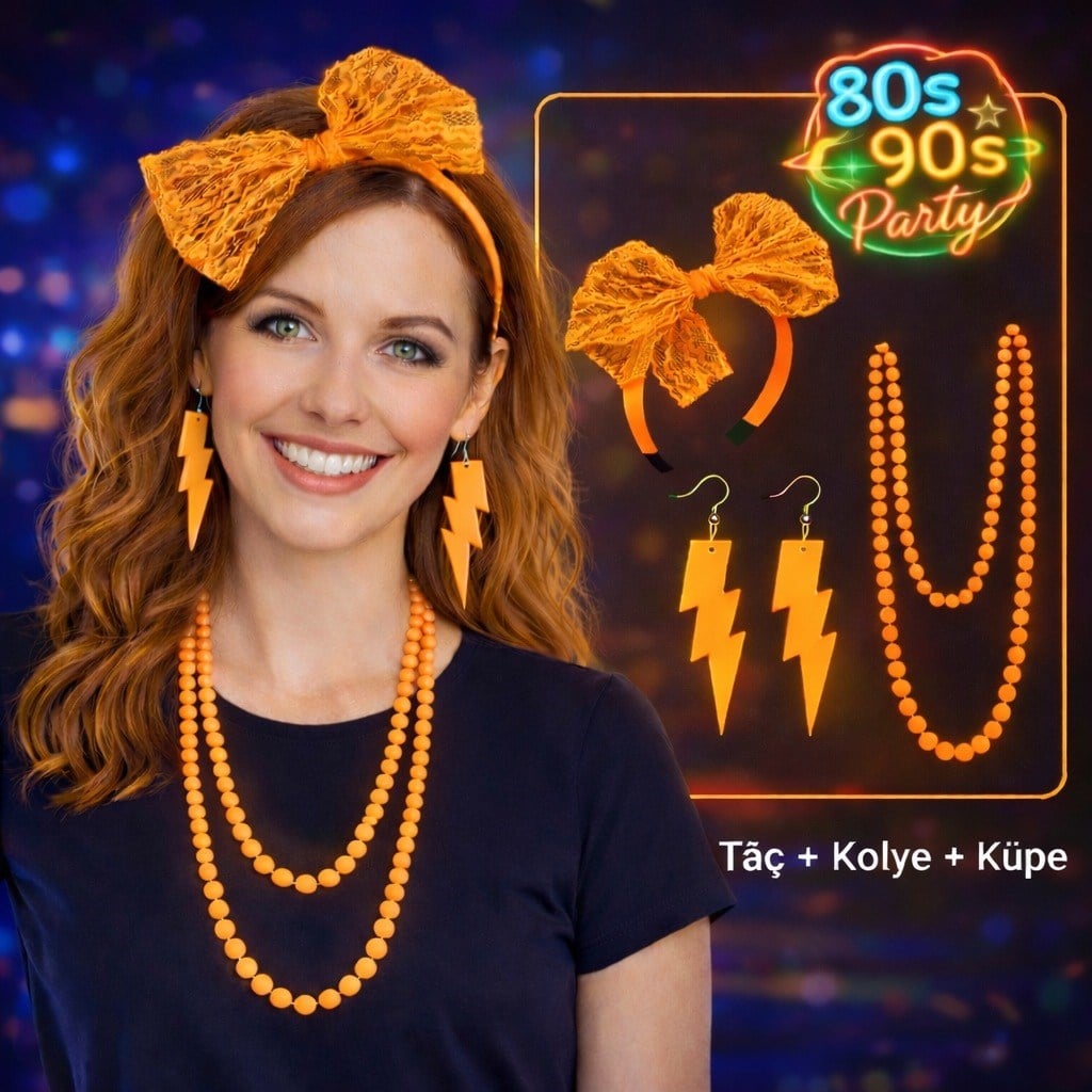 80’ler 90’lar Neon Turuncu Parti Seti – Kolye Küpe Taç (5293)